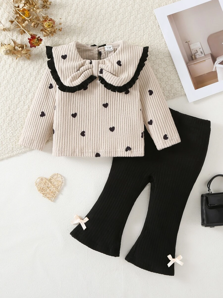 SHEIN 2pcs Toddler Baby Girl T Shirt Pants Cute Cream Black Hearts Ribbed Knit Long Sleeve Round Neck Regular Fit Ruffled Bow Cozy Fall Princess Baby Girl Girls - Apricot - View 1
