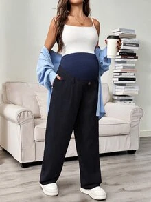 SHEIN 孕婦純色高腰百褶口袋寬鬆休閒長褲 秋季 - 藏蓝色 - 查看 6