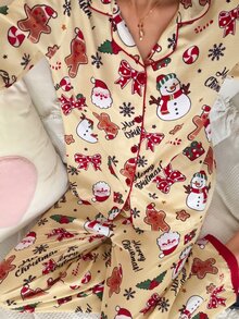 SweetSlumber Cookie Man Christmas Print Sweet Ins Colorblock Lapel Long Sleeve Women Pajama Set - Apricot - View 3