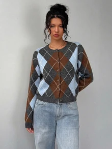 SHEIN BASICS 女款休閒針織開襟衫 格紋開襟衫 秋冬女裝 - 黑色 - 查看 5