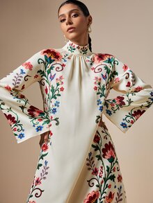 LOTSLUV Women's Autumn Elegant Apricot & Colorful Floral Print High Neck Tie Long Sleeve Straight Dress - Multicolor - View 8