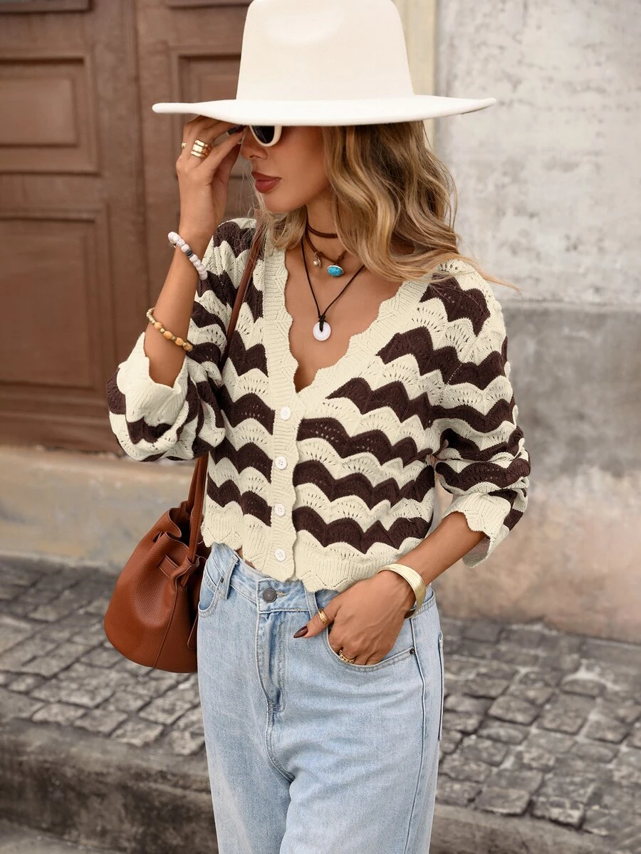 Brillora Women's Casual Striped Open Front Sweater, Autumn/Winter, Vacation, Back To School, Commute - Multicolor - View 1