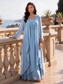 SHEIN Lady فستان ورداء نسائي مقاس كبير مزين بالراين ستون مطوي كاجوال رومانسي أنيق طقم من قطعتين رسمي للزفاف وحفلات الخريف الفاخرة وحفلات التخرج - الأزرق - مشاهدة 6