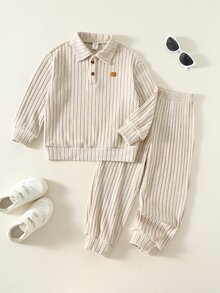 SHEIN 2件組兒童小男孩秋冬休閒 Polo 運動衫與長褲套裝，運動衫套裝，男孩套裝，秋冬套裝，校服套裝，Polo 套裝 - 彩色 - 查看 1
