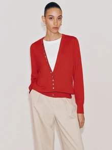 Anewsta Essential Women Elegant Fake Two Pieces Patchwork V Neck Knit Pullover Cardigan, Asymmetrical Diagonal Button Long Sleeve Knitwear, Autumn Winter Christmas & Bla - Red - View 8