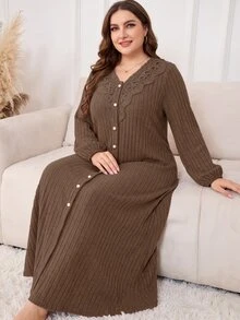 Lacomfia 大尺碼女款羅紋刷毛長袖洋裝，休閒女裝洋裝 - 咖啡棕 - 查看 1