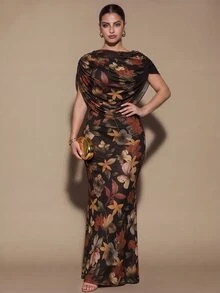SHEIN BAE CURVE Plus Size Women's Floral Print Long Ruched Dress, Elegant Long Dress, Date Dress,Winter,Party,Fall,Summer,Asymmetrical Shoulder Maple Leaf Print - Multicolor - View 6