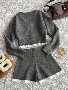 Mori Grove Mori Grove Women's Contrast Lace Long Sleeve Single-Breasted Knit Cardigan And Knit Shorts Casual Set - Grey - View 2