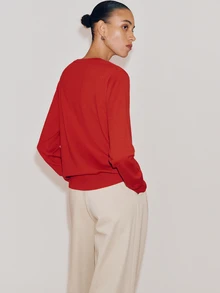 Anewsta Essential Women Elegant Fake Two Pieces Patchwork V Neck Knit Pullover Cardigan, Asymmetrical Diagonal Button Long Sleeve Knitwear, Autumn Winter Christmas & Bla - Red - View 3