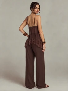 SHEIN Tall Tall Women's Brown Lace Spliced Camisole And Long Pants Two Pieces Set Fashion - Brown - View 2