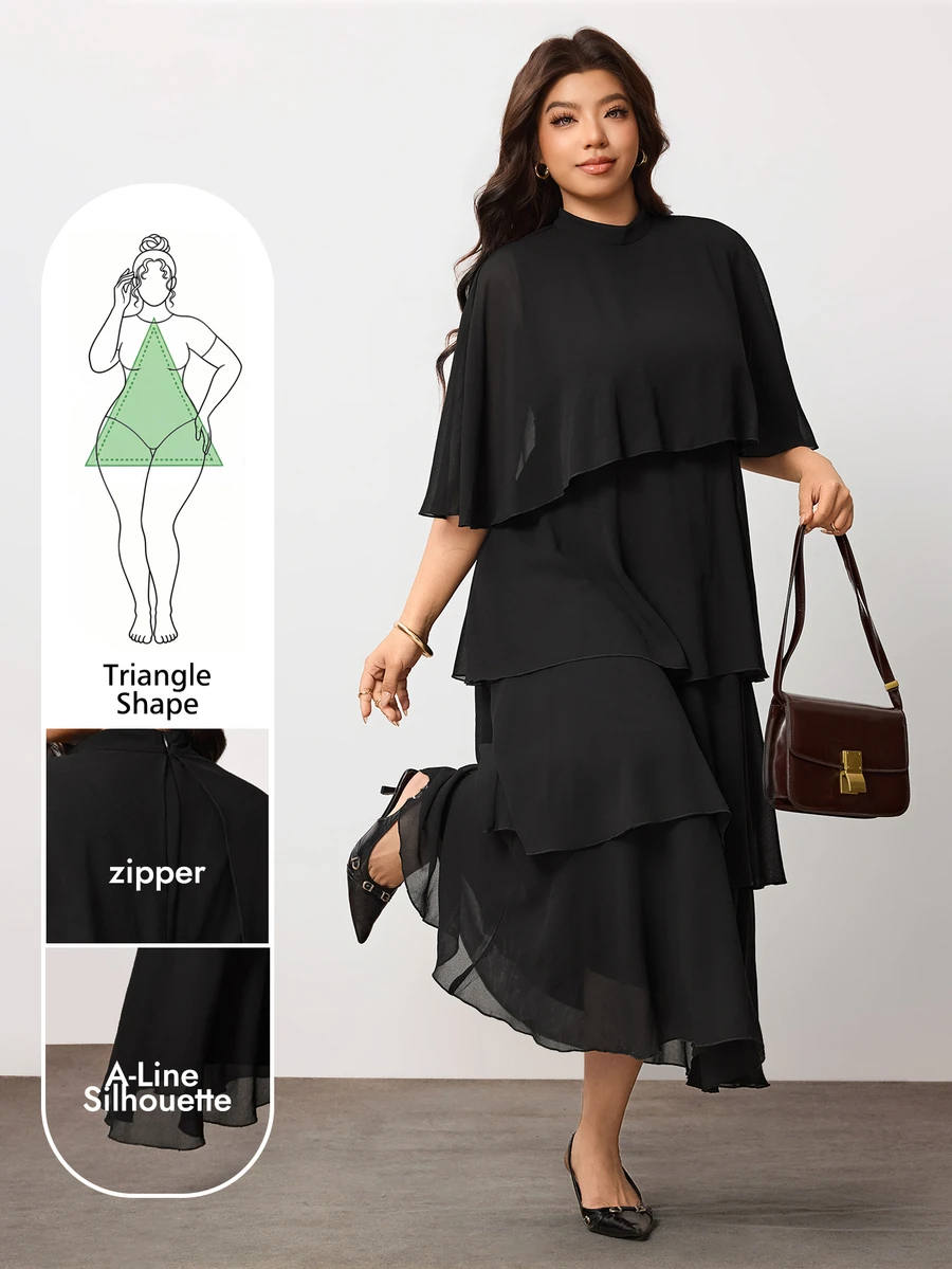 Enliva Plus Size Black Tiered Maxi Dress With Sheer Cape Sleeves For Pear Body - Black - View 1