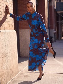 Zivah New Elegant Women's New Chinese Style Plant Contrast Print Fabric Front Zipper Design Long Sleeve Structured Dress - Multicolor - View 4
