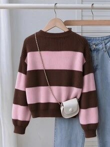 SHEIN 女童長袖粉色漸層條紋圓領套頭毛衣，冬季款 - 彩色 - 查看 2