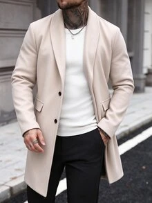 Manfinity Homme 男士大尺碼鈕扣前襟長袖口袋簡約休閒大衣，適合外出，送給朋友、丈夫和男友的禮物，秋冬款 - 杏色 - 查看 3