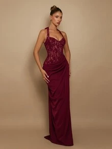 Glamrae Elegant Luxurious Red Halter Neck Bustier With Fishbone Boning, Romantic Lace Patchwork Satin Ruched Split Back Tie Mermaid Dress For Wedding, Party, Bachelorette, Vacation, Ball, Evening Gala - Burgundy - View 5