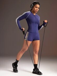 Powerista Women's Navy Blue & Beige Colorblock Fitted Sports Shorts - Navy Blue - View 3