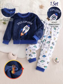 2件組男童睡衣套裝，火箭刺繡上衣搭配海軍藍星空印花長褲，保暖柔軟親膚加厚內裡居家服，秋冬款 - 藍色 - 查看 3
