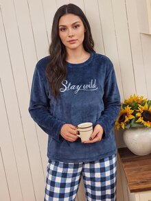 Doze Lane Autumn/Winter Flannel Pajama Set With Letter Embroidery And Plaid Pattern, Plus Size - Navy Blue - View 4