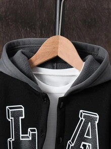 SHEIN 1pc Boys Casual Jacket, Minimalist Collar Design, Black Body With Grey Contrast Sleeves, Letter Graphic Print, Ribbed Cuffs And Hem, Suitable For Daily, Sports, School, Travel Wear, Versatile And Practical - Black - View 3
