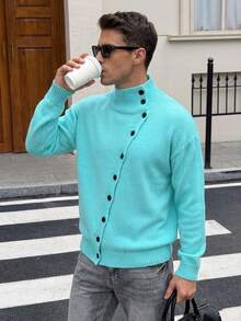 Manfinity CasualKnits كارديجان رجالي بلون موحد وأكمام طويلة وأزرار أمامية كاجوال من الصوف المحبوك - الأزرق - مشاهدة 4