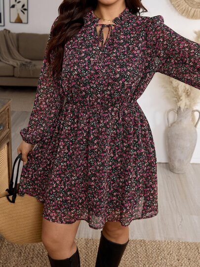 SHEIN VCAY Plus Size Women's Chiffon Leopard Print Long Sleeve V-Neck Tie Waist A-Line Short Dress, Autumn/Winter Layering Dress