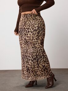 Enliva Plus Size Stretch Mesh Leopard Print Maxi Skirt For Hourglass Body - Brown - View 3