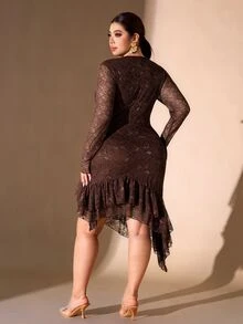 Cravure French Vintage Elegant Fashion Casual Lace Patchwork V-Neck Mesh Asymmetrical Ruffle Hem Brown Dress - Brown - View 2