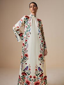 LOTSLUV Women's Autumn Elegant Apricot & Colorful Floral Print High Neck Tie Long Sleeve Straight Dress - Multicolor - View 7
