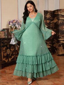 EastFlair Plus Size Women's V-Neck Pleated Fashion Party Dress - Green - View 1