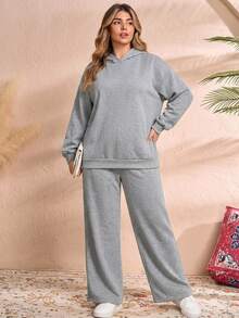 Rosumi Plus Size Women Solid Color Long Sleeve Hoodie And Sweatpants Casual 2 Pieces Set - Light Grey - View 3