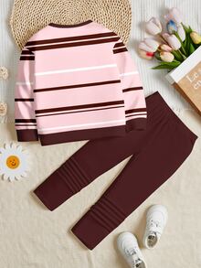 Young Girl Casual Minimalist Retro Style, Striped Bow, Maillard Color Palette, Round Neck Fleece Sweatshirt And Elastic Waist Long Pants Set, Suitable For Autumn/Winter, New Fall Styles, Fall Sets, Pull, Going Out - Multicolor - View 3