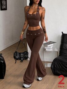 Coolane Women's Eyelet Design Halter Neck Tank Top And Flare Pants Casual 2 Pieces Set - Brown - View 3