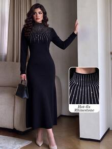 Graceveil Women's Rhinestone Embellished Stand Collar Long Sleeve Mermaid Hem Fitted Elegant Knit Dress - Black - View 8
