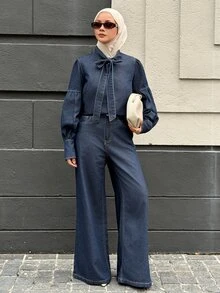 DAZY Women's Tie Neck Long Sleeve Shirt And Long Pants Casual Denim Set - Blue - View 3