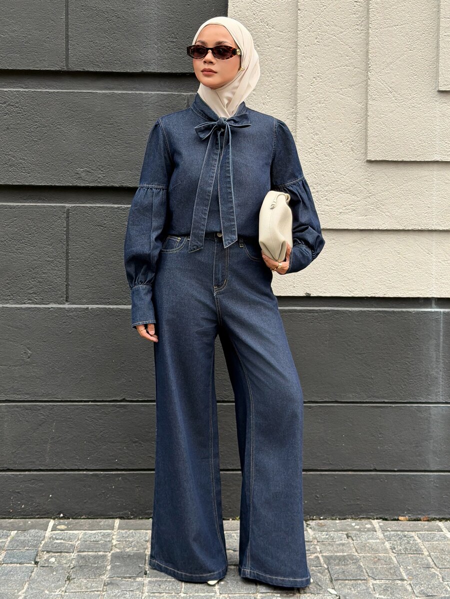 DAZY Women's Tie Neck Long Sleeve Shirt And Long Pants Casual Denim Set - Blue - View 1
