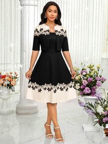 SHEIN Lady 女款優雅正式藍白花卉A字中長洋裝，適合秋冬辦公室工作、派對、教堂、外出、聖誕、新年、婚禮、生日、夜晚聚會 - 黑色和杏色 - 查看 6