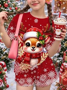 SHEIN Tween女孩休閒簡約可愛趣味卡通聖誕馴鹿圖案漸層波點雪花圓領短袖T恤，聖誕紅上衣，適合聖誕外出穿搭，Kawaii聖誕圖案T恤 - 彩色 - 查看 2