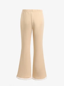 SHEIN 女童秋冬保暖加絨喇叭長褲，垂直羅紋彈性面料，毛絨蕾絲下擺設計，鬆緊腰長褲，厚羊羔絨保暖內裡，柔軟親膚，修身顯腿型，百搭休閒兒童喇叭褲 - 杏色 - 查看 2
