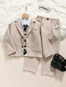 SHEIN 3件組兒童青少年男孩極簡剪影高級深皇家藍格紋西裝套裝，附深皇家藍領帶，適合婚禮季節與休閒校園穿著 - 卡其色 - 查看 8