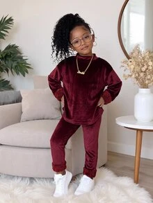 SHEIN 2pcs/Set Young Girl Fashion Casual Drop Shoulder Ribbed Knit "Smile" Graphic T-Shirt And Leggings - Burgundy - View 1