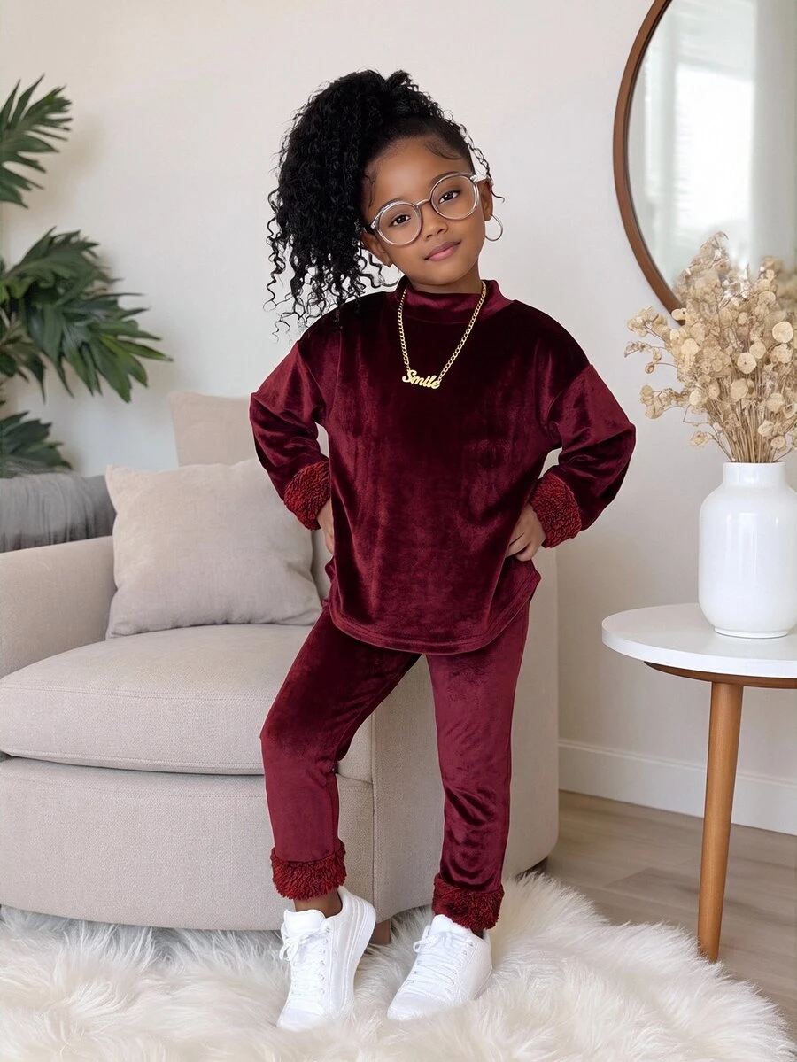 SHEIN 2pcs/Set Young Girl Fashion Casual Drop Shoulder Ribbed Knit "Smile" Graphic T-Shirt And Leggings - Burgundy - View 1