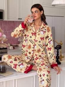 SweetSlumber Cookie Man Christmas Print Sweet Ins Colorblock Lapel Long Sleeve Women Pajama Set - Apricot - View 5