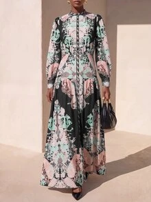 Zivah New Elegant Women's Court Style Dark Floral Print Front Button Placket Puff Long Sleeve Structured Dress - Multicolor - View 4