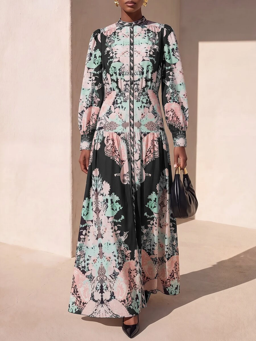 Zivah New Elegant Women's Court Style Dark Floral Print Front Button Placket Puff Long Sleeve Structured Dress - Multicolor - View 1