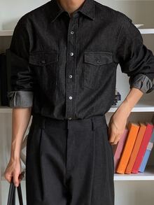 DAZY Spring/Autumn Black Original Color Denim Washed Distressed Shirt Jacket For Men - Black - View 6