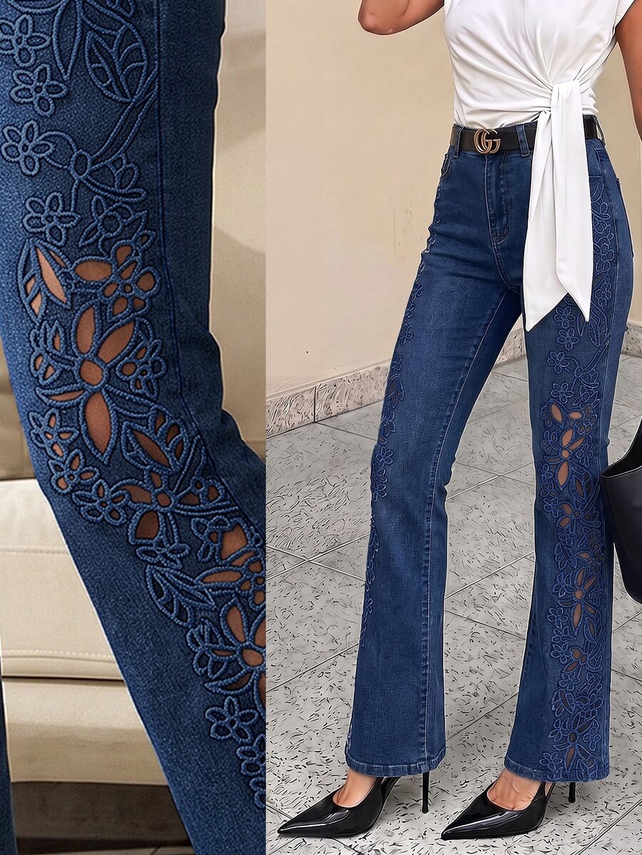 Selenza Women's Fashion Versatile Embroidered Hollow Pocket Flare Leg Jeans - Blue - View 1