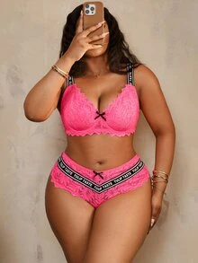 Divavoom Plus Size Lace Trim Lingerie + Triangle Panties 2-Piece Set - Multicolor - View 3