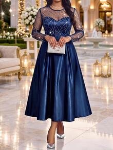 Fleurora Plus Size Women's Patchwork Sequin Mesh Round Neck Long Sleeve Elegant Dress - Navy Blue - View 6