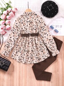 SHEIN Vintaside Kids 女童格紋梭織布長袖襯衫洋裝，附荷葉邊飾邊、腰帶與內搭褲套裝 - 彩色 - 查看 3