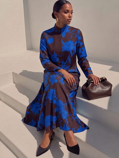 Zivah Nuevo vestido elegante para mujer de estilo chino con estampado de plantas en contraste, diseño de cremallera delantera, manga larga y estructura